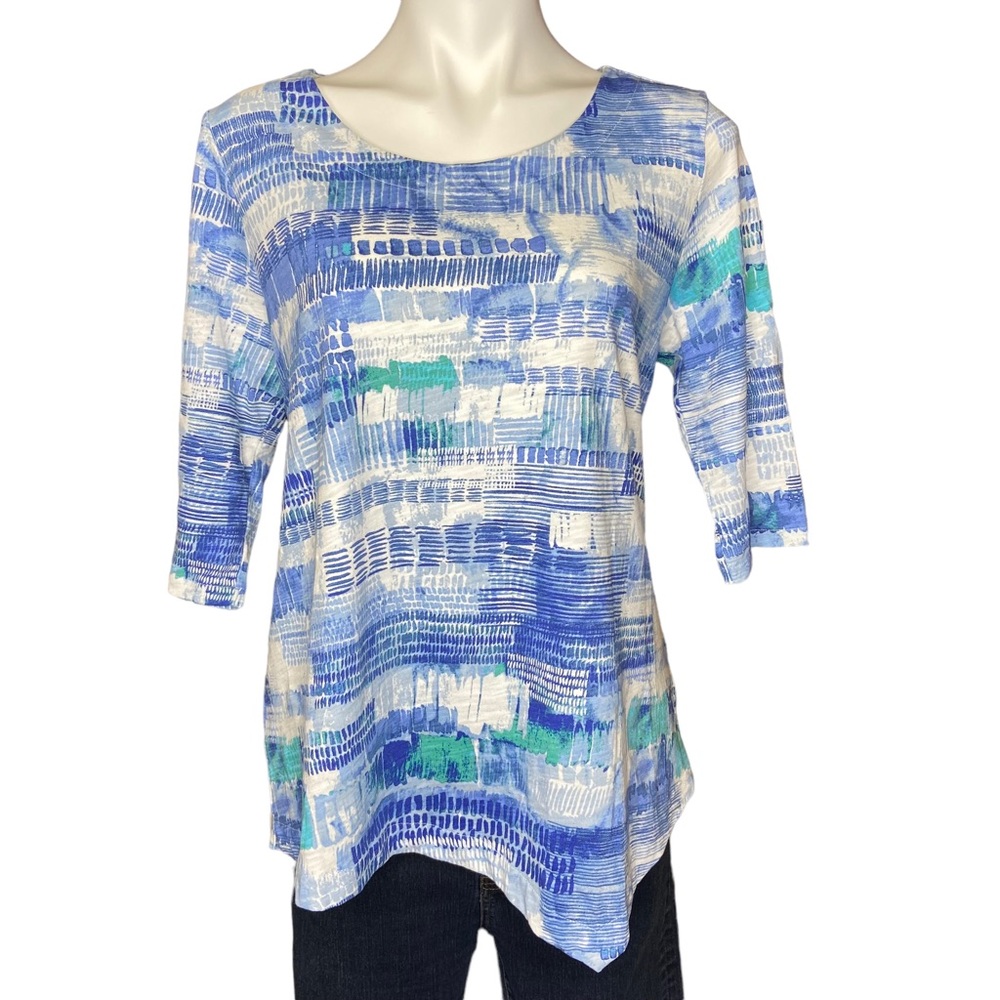 HABITAT Asymmetrical Short Sleeve Top Abstract Print Blue White Green Medium